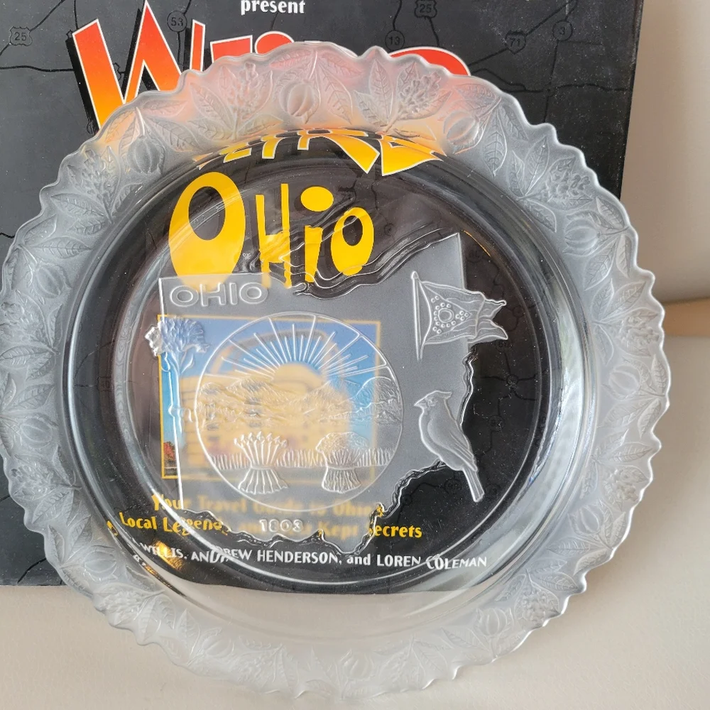 Ohio Souvenir Glass Plate ~ Frosted Floral Rim ~ Ohio Seal, Bird, Flag ~ FINAL!